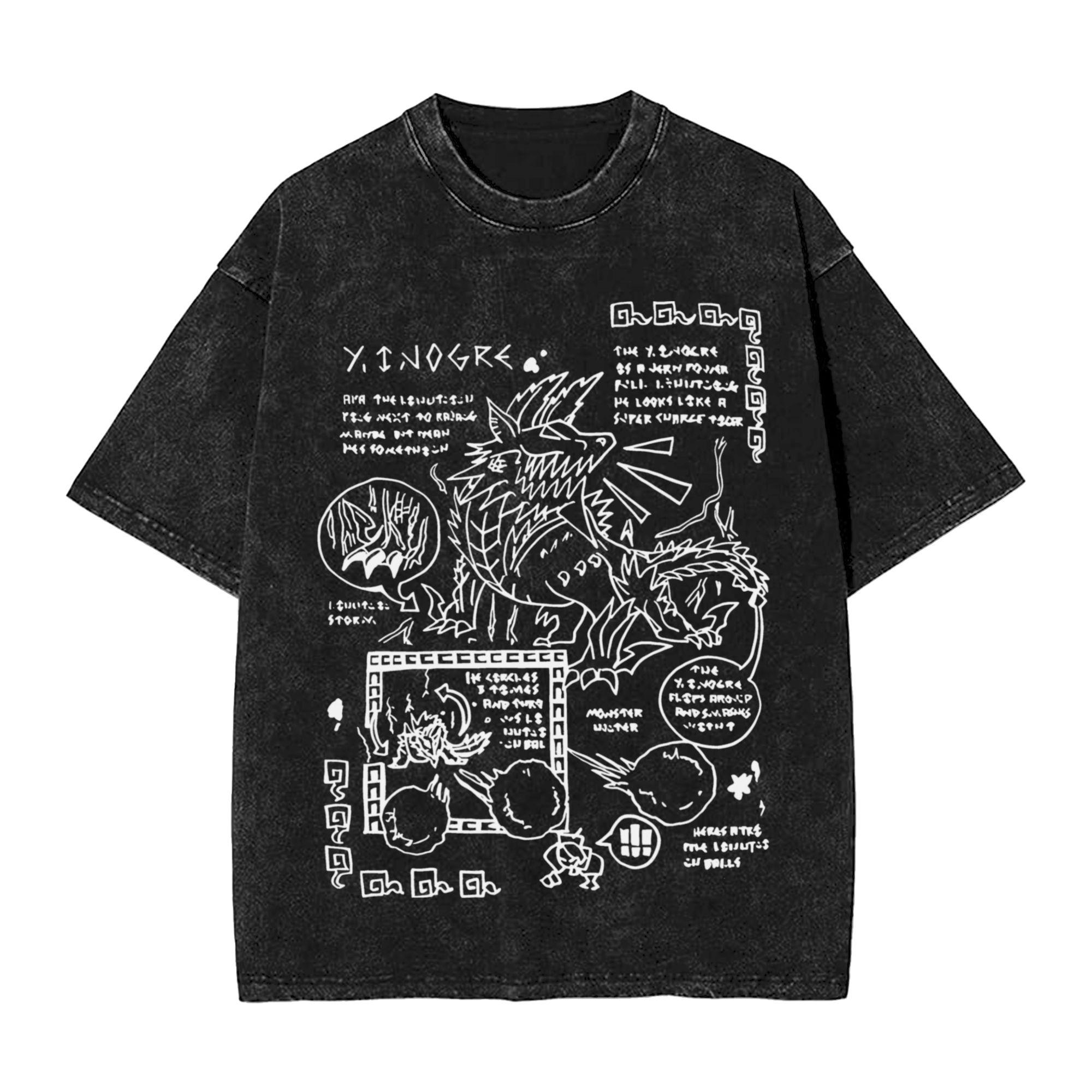 Washed T Shirt Monster Hunter Zinogre Hip Hop Novelty TShirts Oversize Streetwear Cotton Printed Tops Tee Shirt Unisex Women S