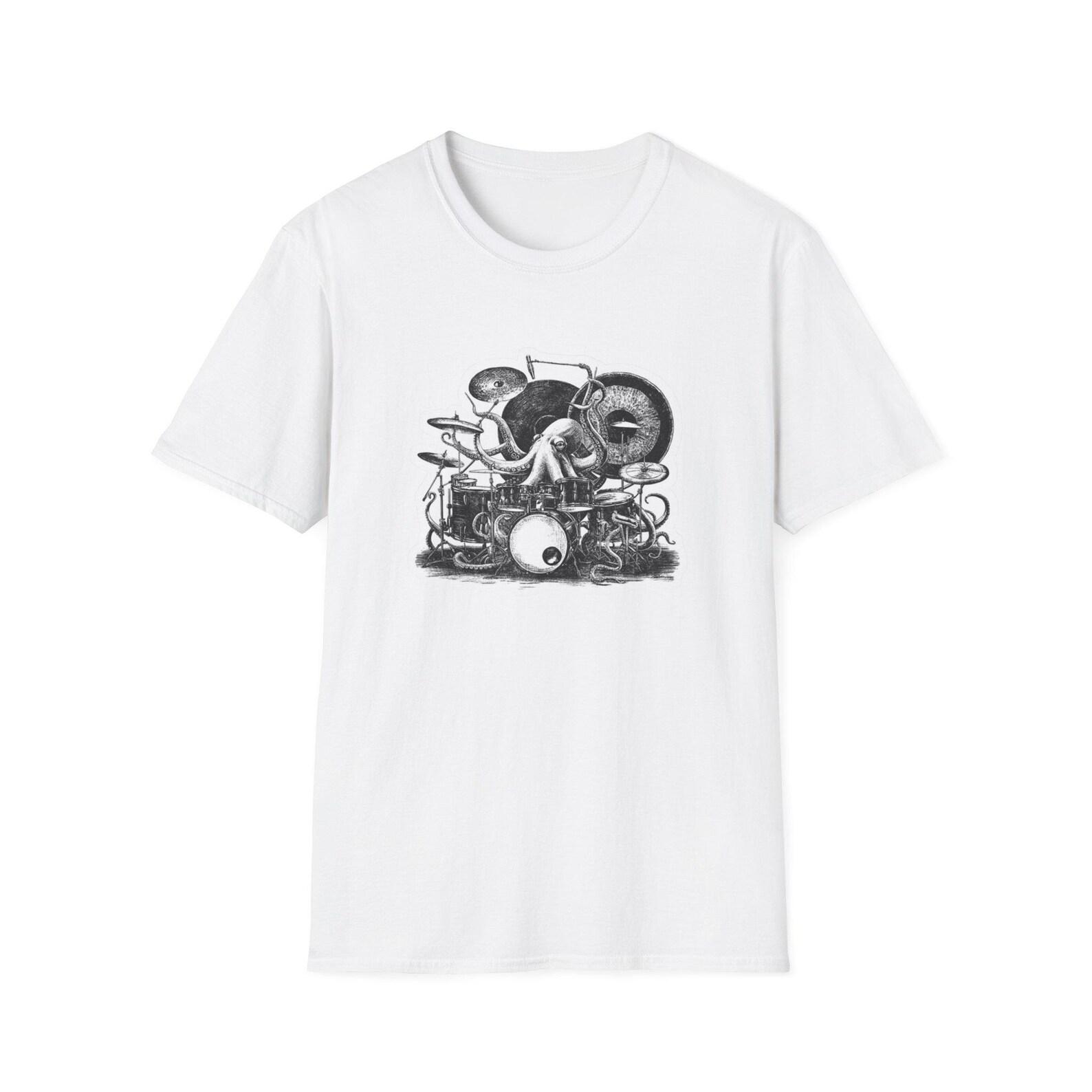 Octopus Drummer T-Shirt | Vintage Monochrome Sea Creature Illustration S