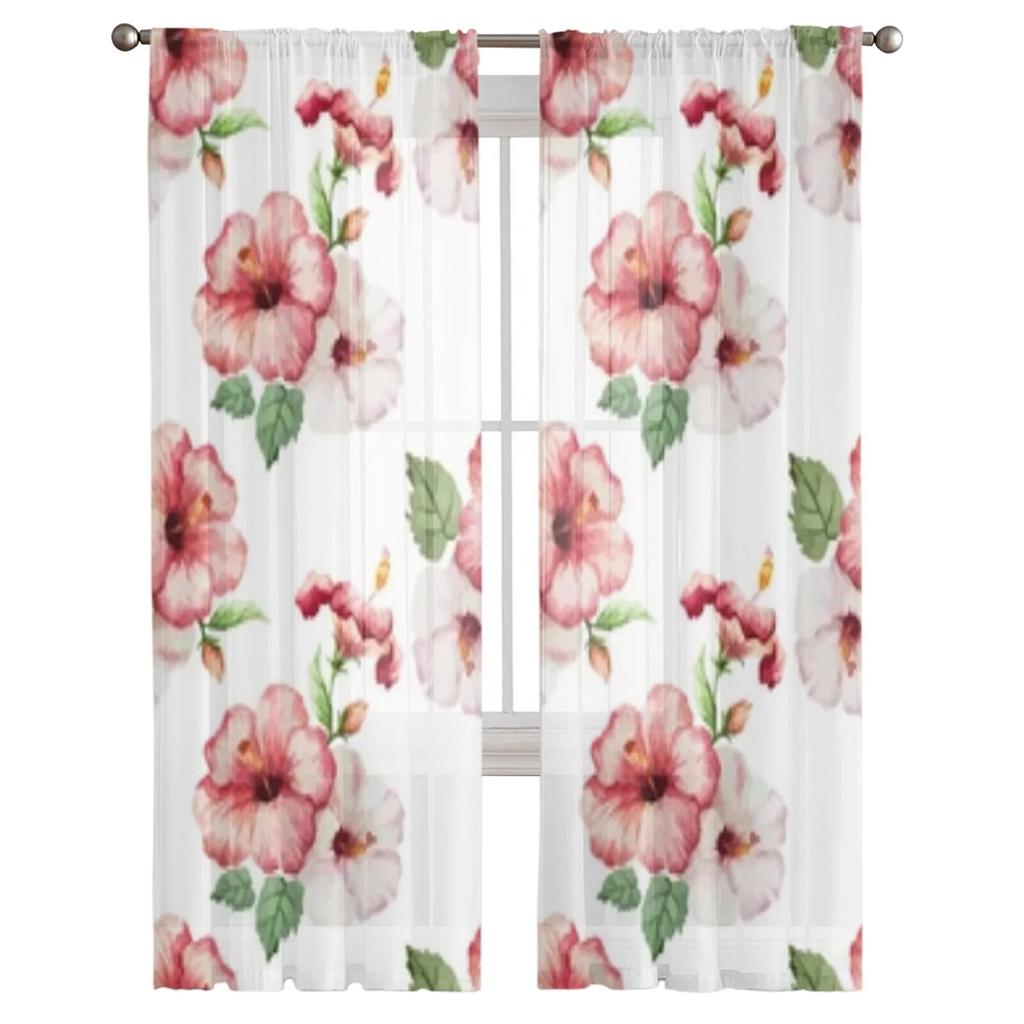 Aquarell-Muster, Hibiscus, durchsichtige Fenstervorhänge für Wohnzimmer, Schlafzimmer, moderne Voile-Tüllvorhänge, Stoffvorhänge für die Küche