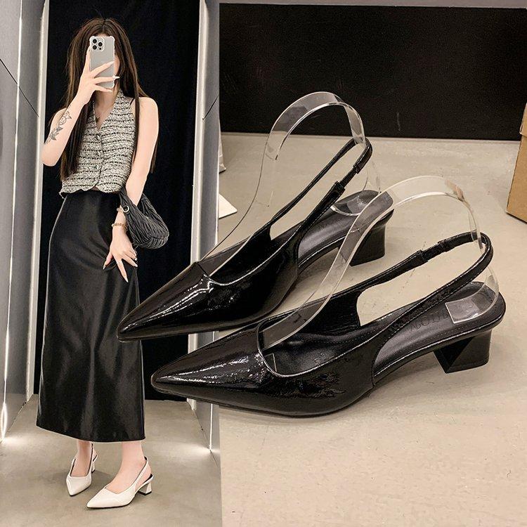 2025 Summer Patent Leather Pointed Head Bag Head Sandals Women's Thick Heel Sexy High Heels Temperament Empty Commuting French Single Shoes