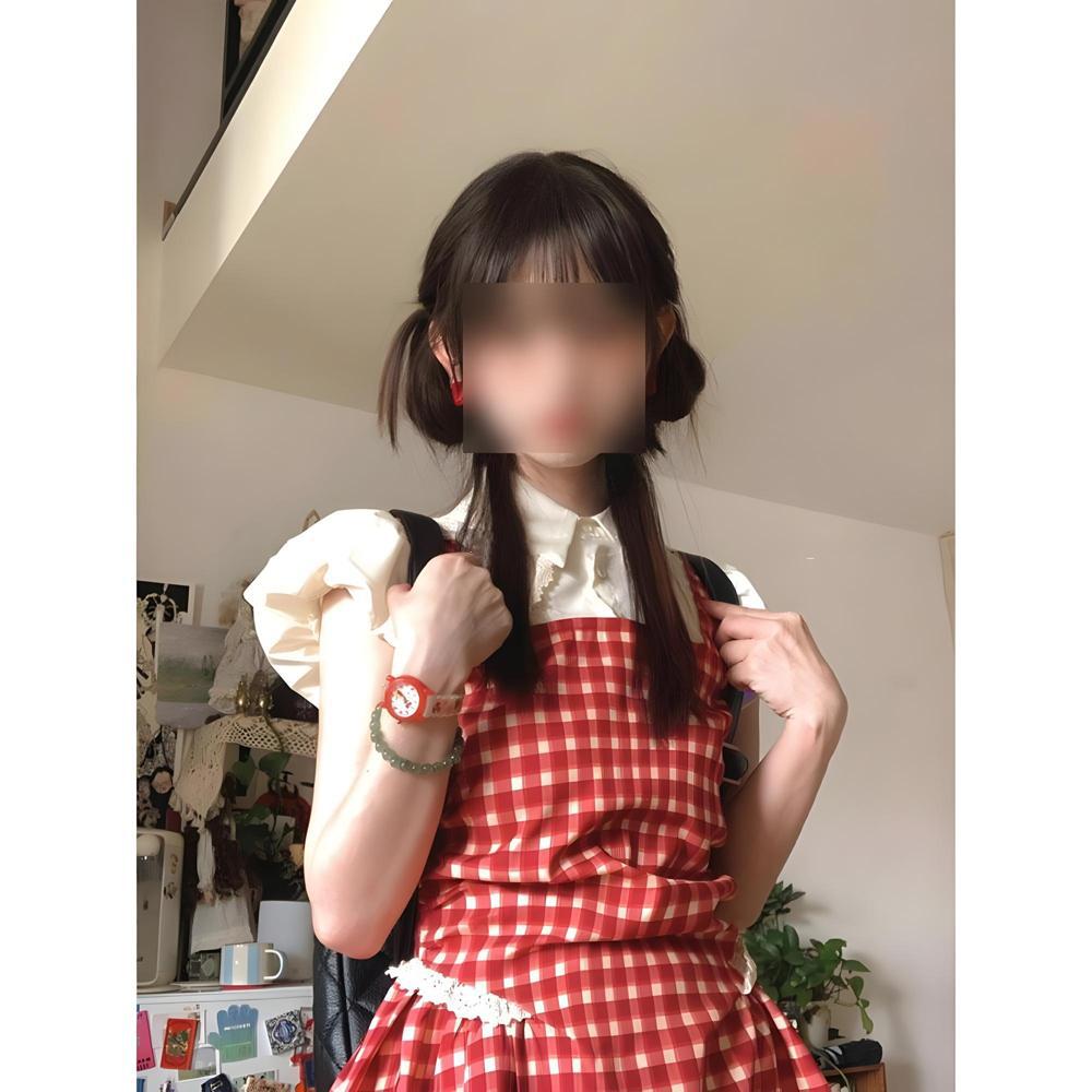 College style fashion new small short skirt red plaid fake two-piece strap dress children summer