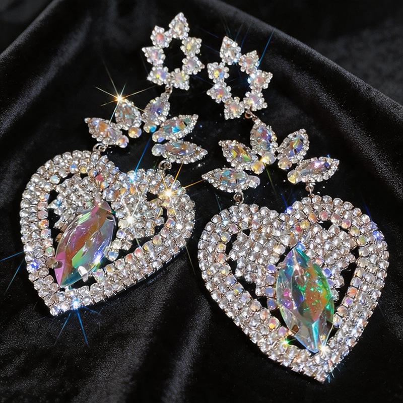 Silver Needle Rhinestone Flower Heart Earrings: Elegant, Statement Accessories for Women