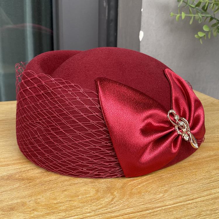 Damski wełniany kapelusz stylizacyjny, nowy brytyjski retro top hat z satynową kokardą, jesienno-zimowy kapelusz bud dla stewardessy
