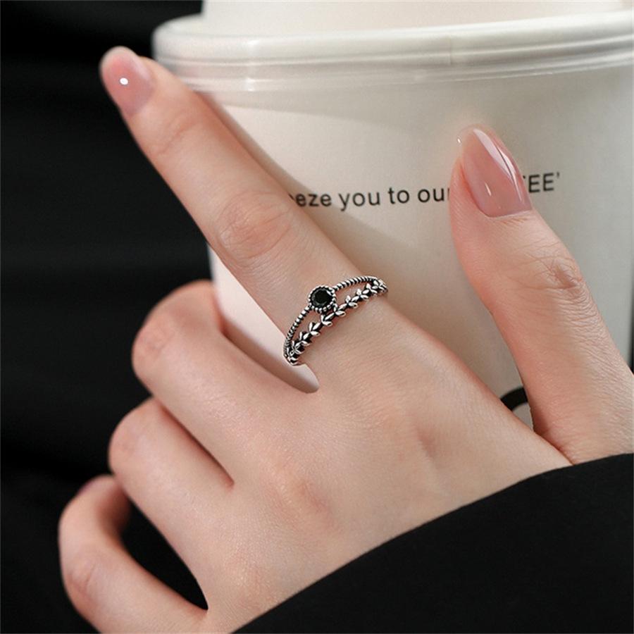 S Silver Wheat Ear Black Zircon Ring Index Finger Ring Versatile Open Ring