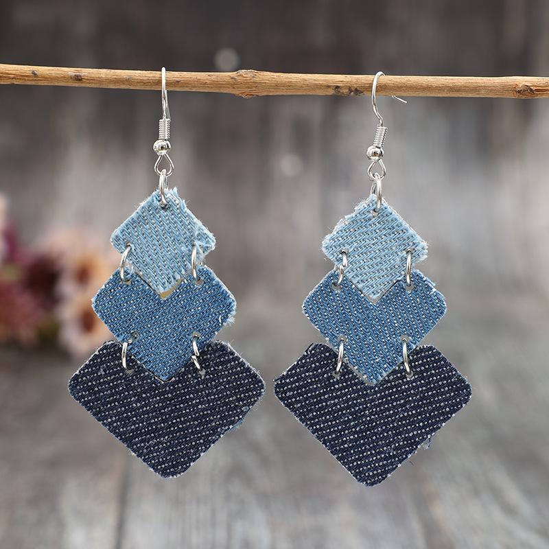 Amazon Denim Style Geometric Stitching Multi-layer Pu Leather Women's Earrings