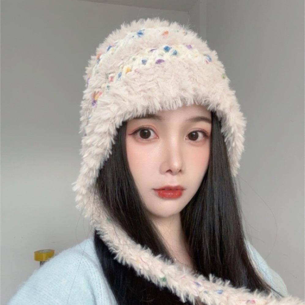 Tangy Bean Tassel Lace Up Plush Knitted Hat for Women In Autumn and Winter Japanese Sweet Cold Protection Ear Protection Hat