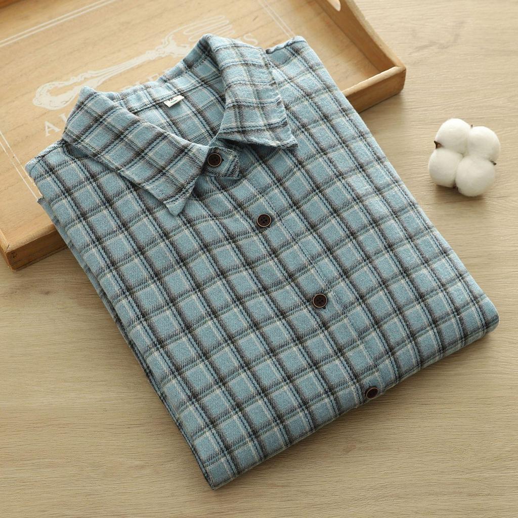 Literary Retro Plaid Brushed Cotton Long-Sleeve Women's Shirt - Spring 2026 Casual Collection