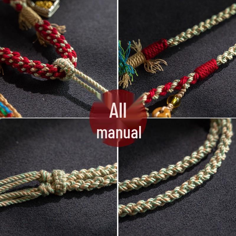 Tibetan Eight Treasures Compass Pendant Necklace with Braided Rope Amulet