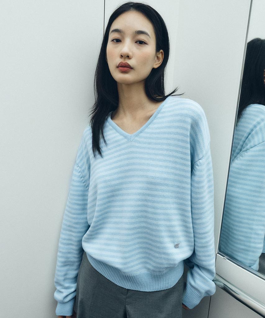 CGP (Women) V-Neck Striped Knit_Sky Blue