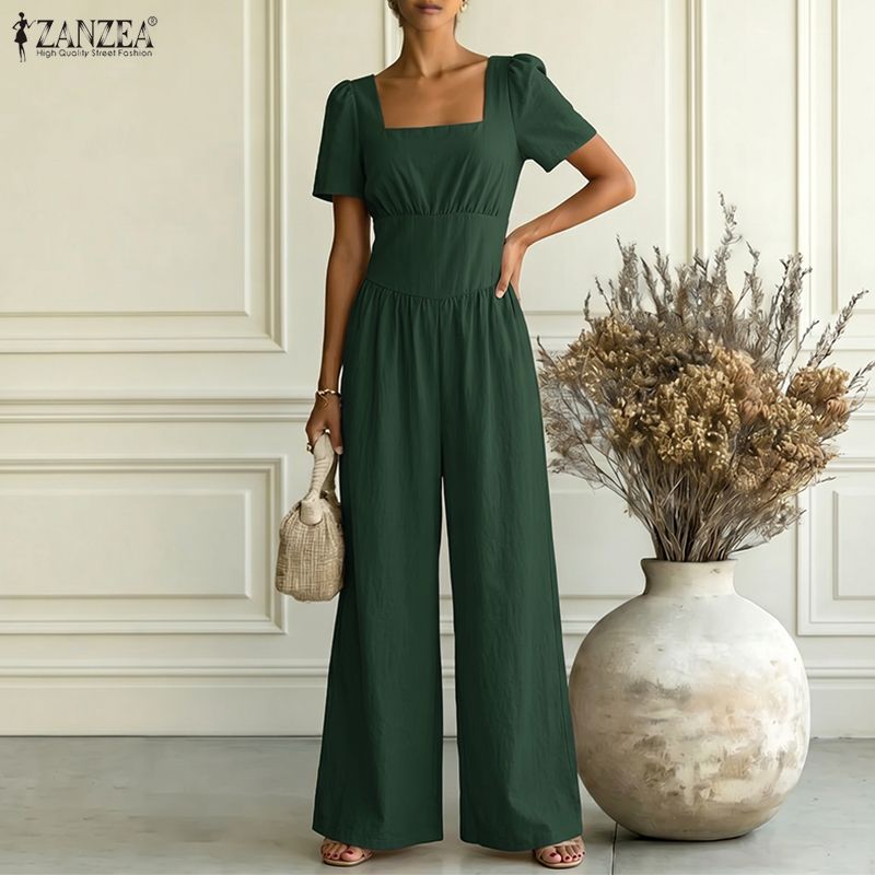 ZANZEA Women Elegant Square Collar Casual Short Sleeve Wide Leg Jumpsuits