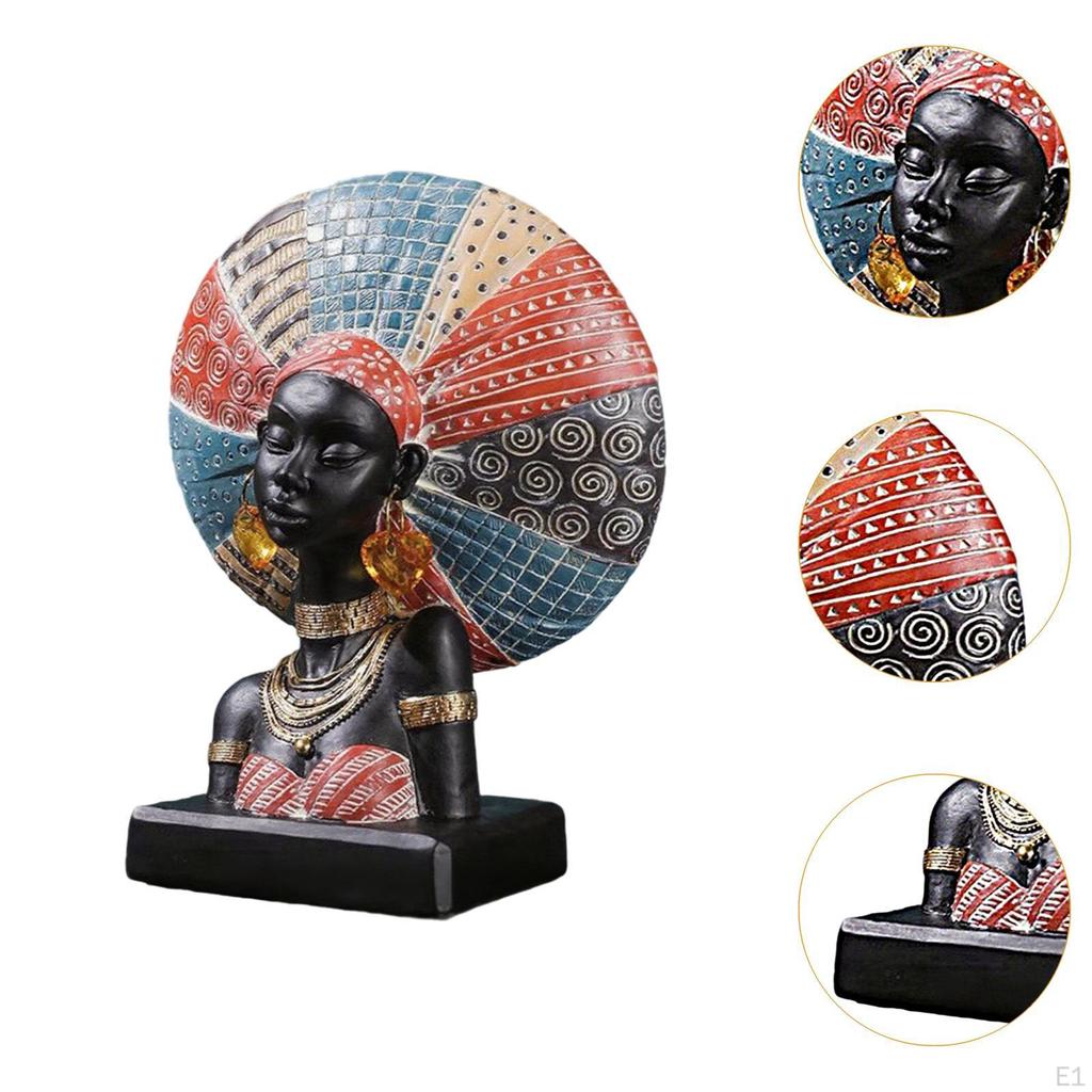 African Woman Resin Figurine Tabletop Decoration Handmade Craft with Ornate Headdress for Bookshelf