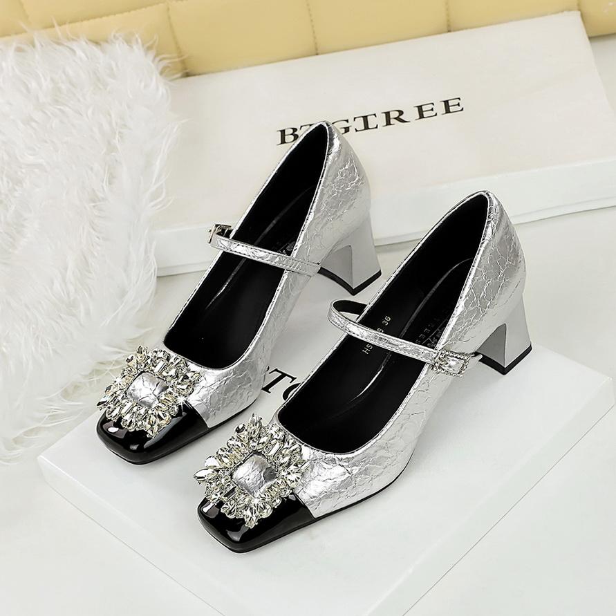 Shallow Mouth Square Toe Color Blocked Metal Rhinestone Buckle Straight Strap Single Shoe