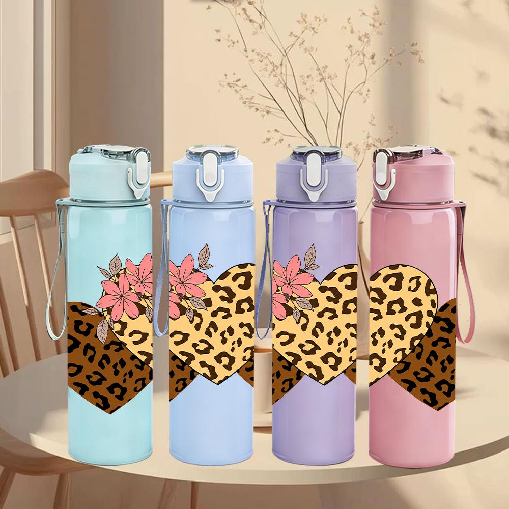 1PC Triple Leopard Heart 750ml Color Plastic Sports Water Bottle Leakproof Flip Straw Lid Suitable for Sports Office Home Use
