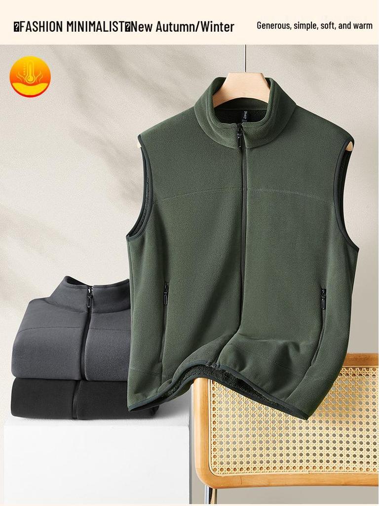 2025 Men's Stand-Up Collar Fleece-Lined Zipper Vest - Warm, Fashionable & Versatile for Autumn/Winter