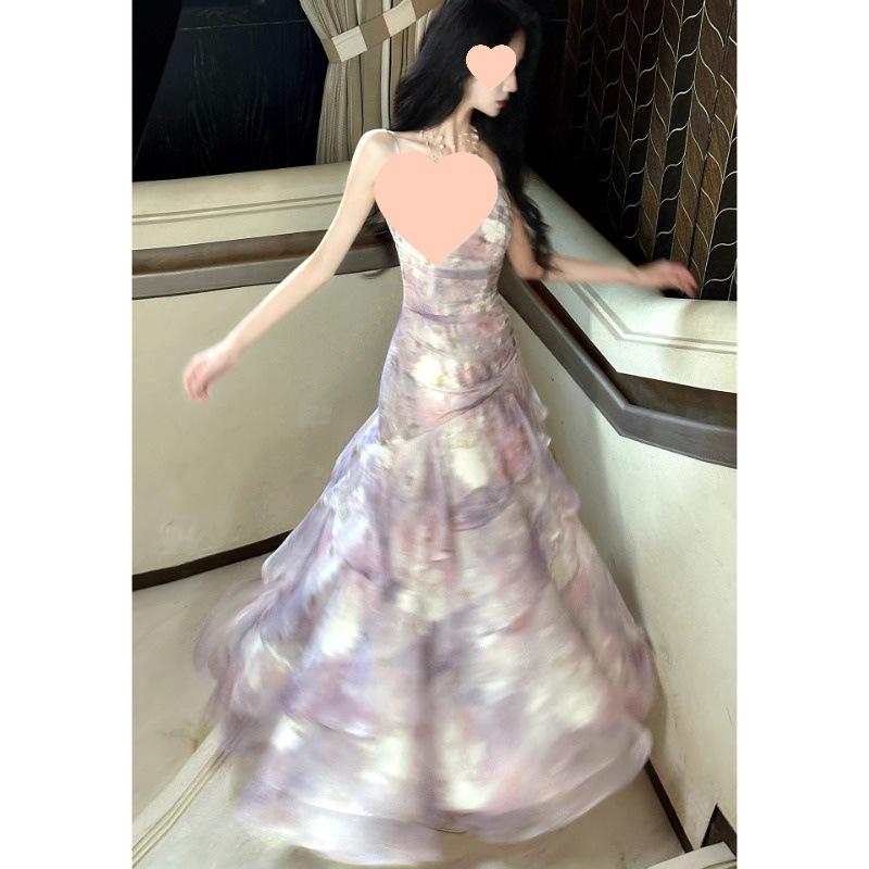 Purple Floral Ruffle Strap Seaside Vacation Dress
