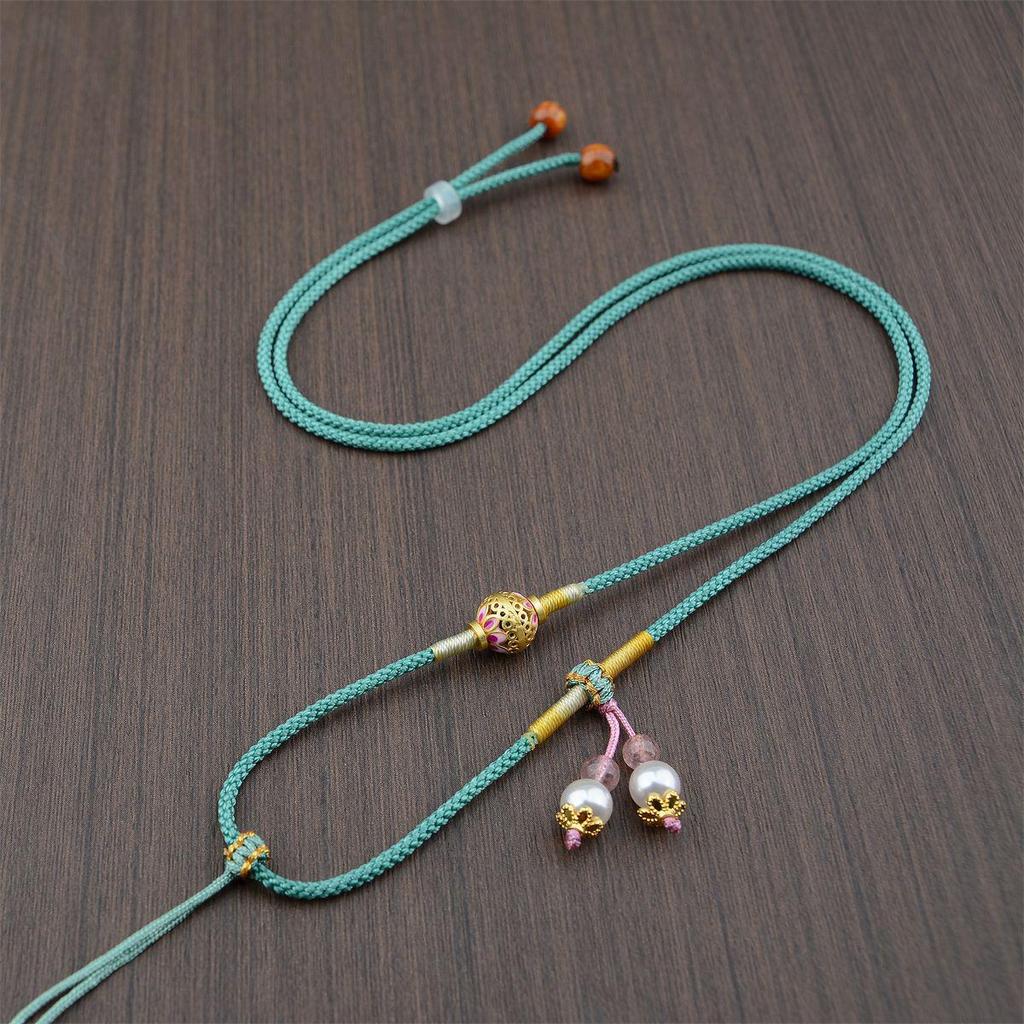 Premium Hand-woven Necklace: Gold Amber, Crystal, and Jade Pendant Cord