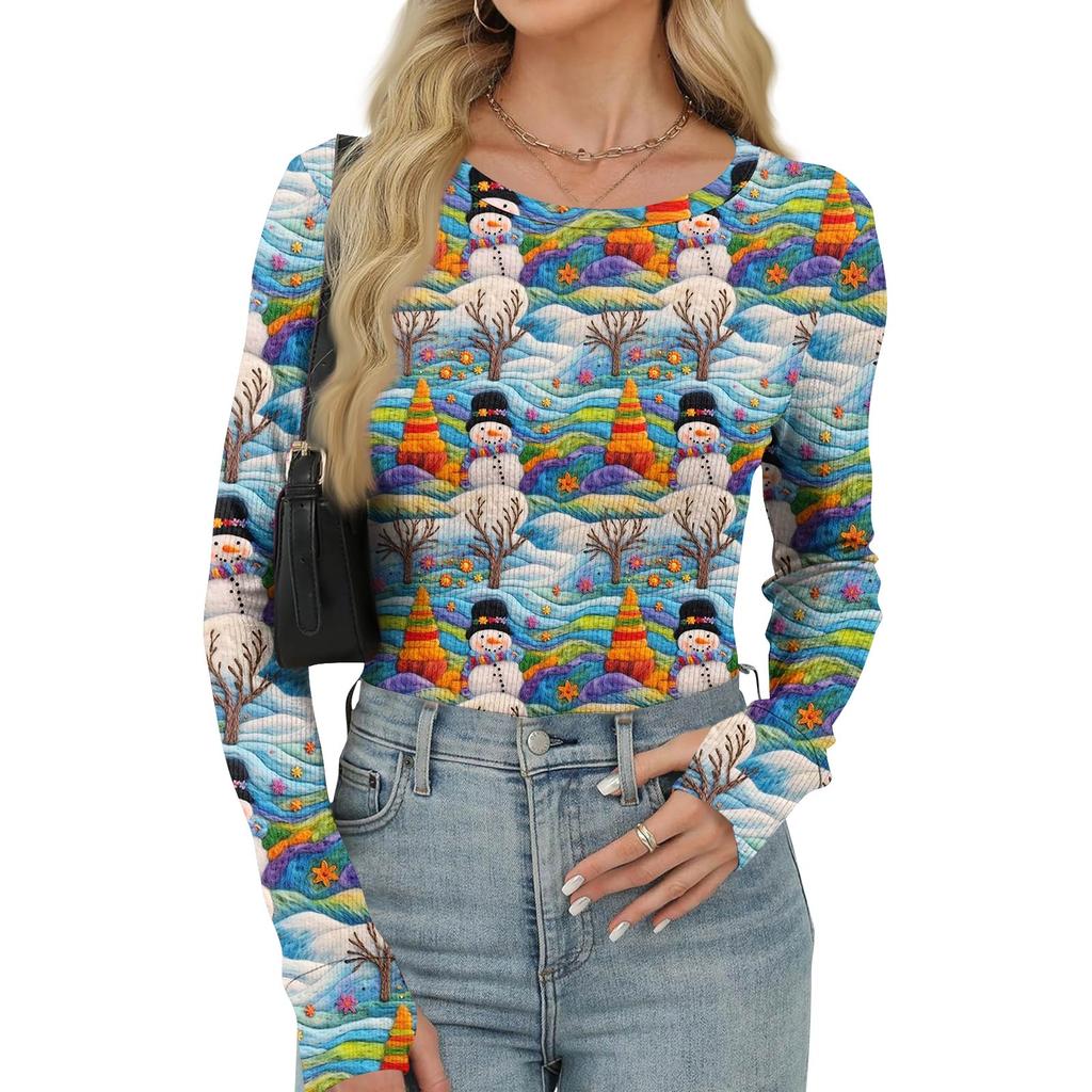 Women's Winter Slim Bottom T-shirt Fashion Casual Gradient Printing Round Neck Pullover Long Sleeve Top