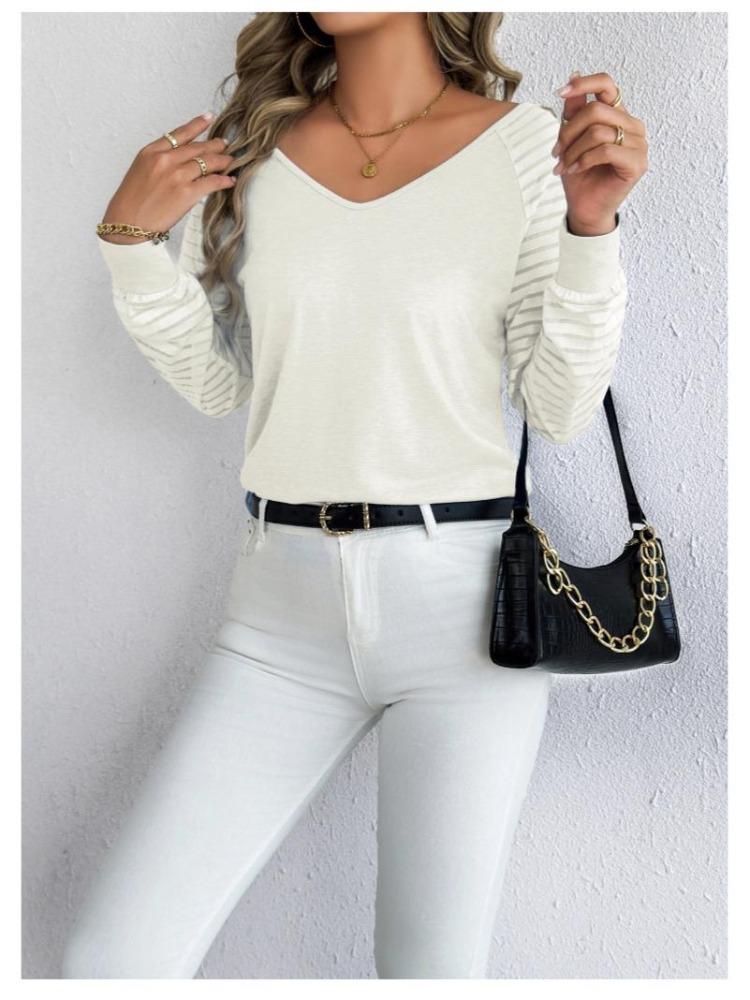 Women Casual Fashion Loose Fit Large Size Long Sleeve V Neck Striped Top Spring Autumn