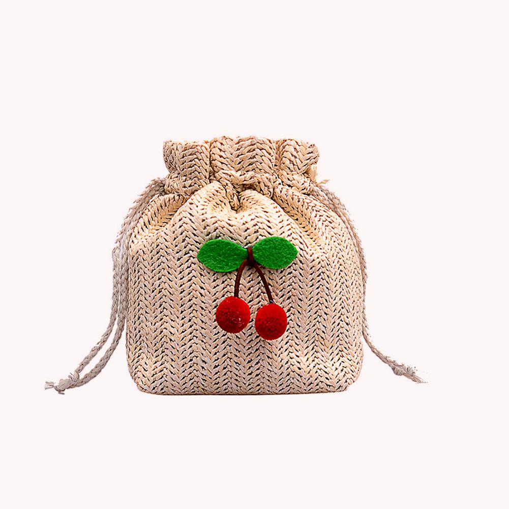 Women Woven Bucket Sling Bag Handmade Cherry Small Weave Straw Bag Drawstring Crossbody Bag Girls Outdoor Daily Bag
