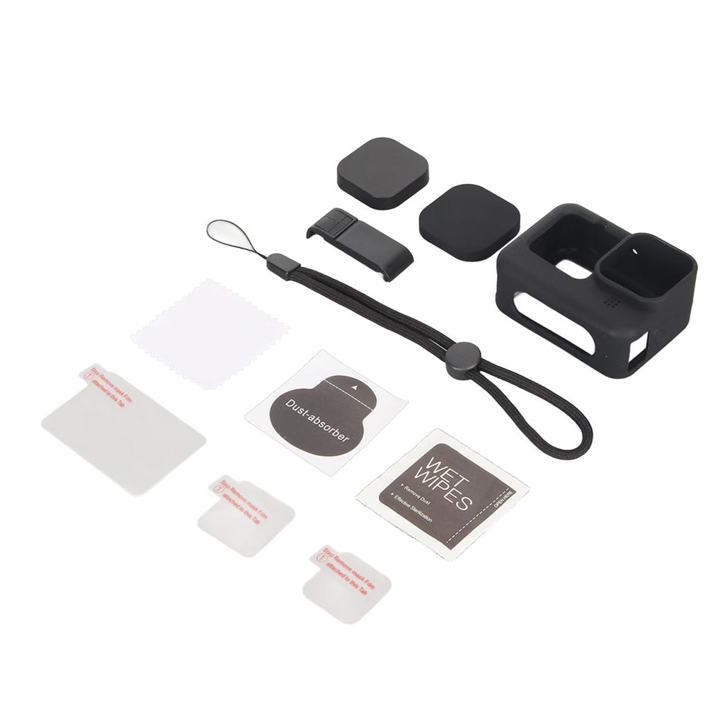 Action Camera Silicone Sleeve Case Tempered Glass Film Lens Cover Charging Side Cover Set Black