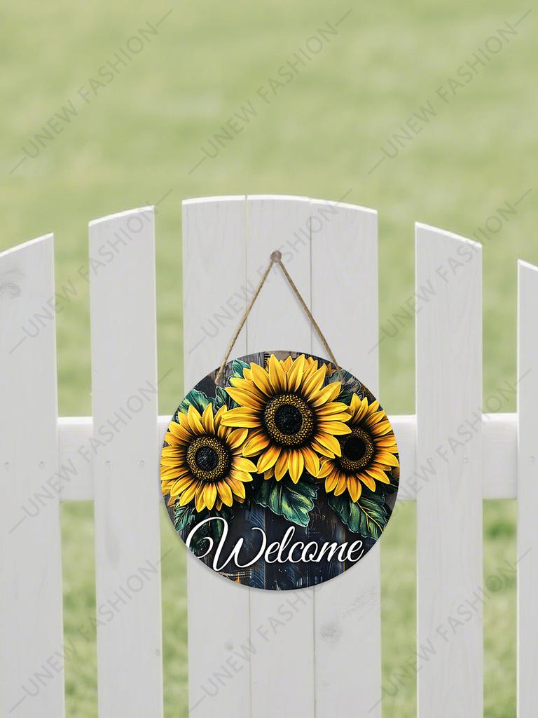 Welcome Sunflower Round Wooden Hanging Sign, 2D Flat Wooden Farmhouse Front Door Decor