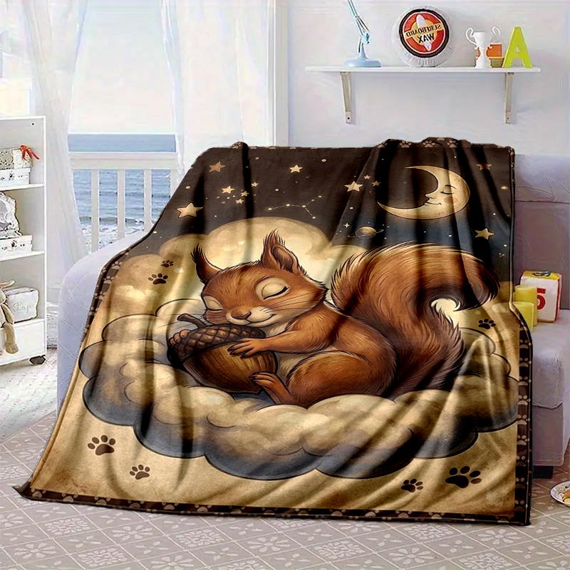 Squirrel Dreams Under Moonlight Blanket Flannel Blanket for Bed, Sofa, Camping, Hiking, Picnic Essentials, Gift for Family Fan Gifts