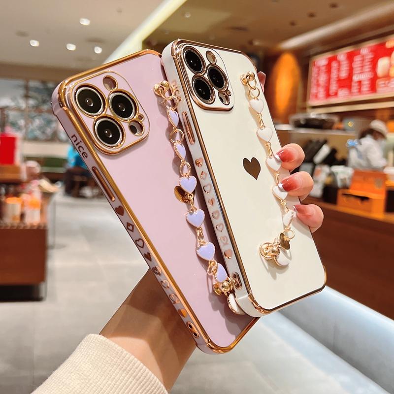 Soft Electroplated Love Heart Silicone Case For iPhone 11 12 13 Pro Max XS X XR 7 8 Plus SE  Mini Bracelet Bumper Cover
