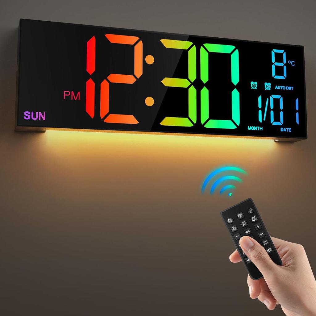 Modern LED Digital Clock 16" with RGB Lights 11 Scene Modes Big Display Dual Alarm Function and Room Temperature Feature