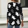 Women V Neck Button Three Quarter Sleeve Top Halloween Print Casual Loose Fit T Shirt for Daily and Holiday Wear