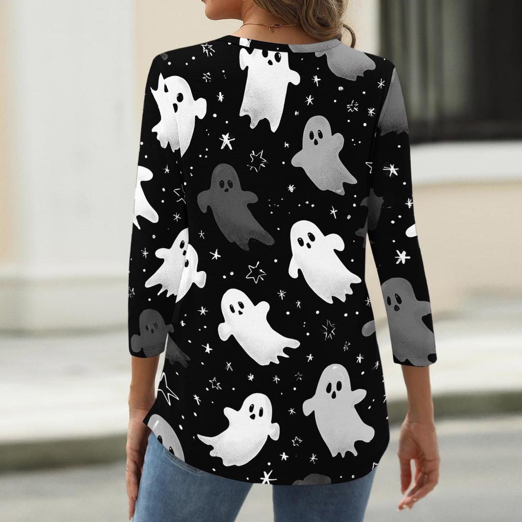 Women V Neck Button Three Quarter Sleeve Top Halloween Print Casual Loose Fit T Shirt for Daily and Holiday Wear