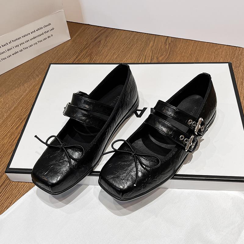 Cowhide Version~ Spring Flat Bottom Shallow Mouth Bow Single Shoes Niche Old Ballet Mary Jane Shoes Women