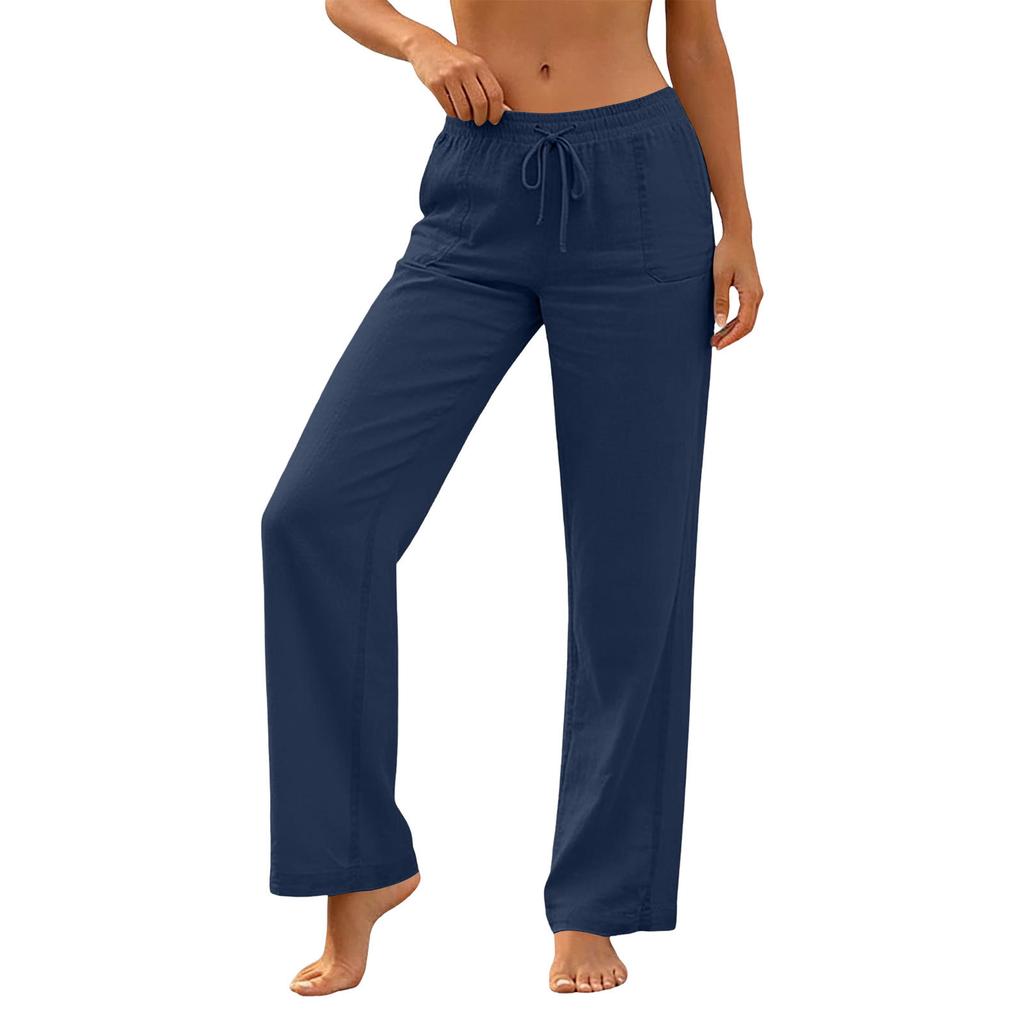 Pantaloni Casual da Donna a Vestibilità Larga con Coulisse in Vita, Tasche, Gamba Larga, Lunghezza Intera, in Misto Cotone e Lino, per l'Uso Quotidiano