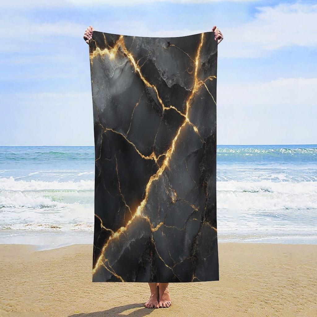 Zwart Marmer Strandlaken Goudader Print Sneldrogend Microvezel Zacht Badlaken Voor Vrouwen Mannen Zomervakantie Zwembad Spa