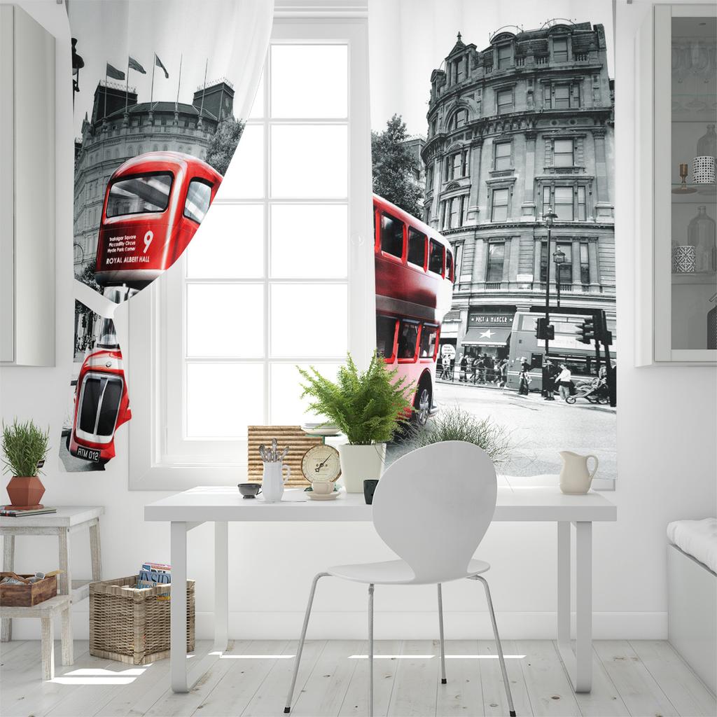 Red Bus London Street Scenery Local Color Window Curtains Scenic Curtains for Living Room Decorative Items Living Room