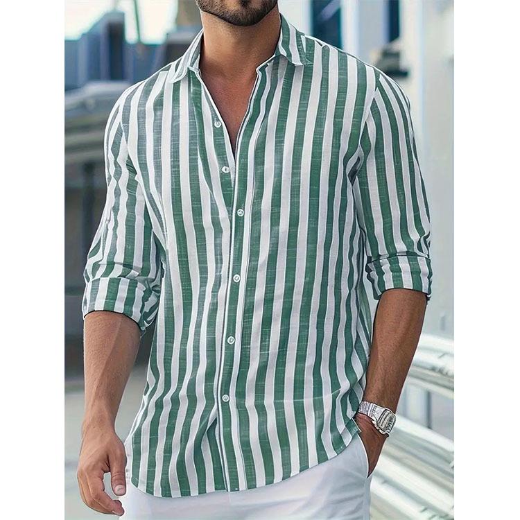 

Men s Striped Turn-Down Collar Long Sleeve Shirt for Spring and Autumn 2025. XL зелений