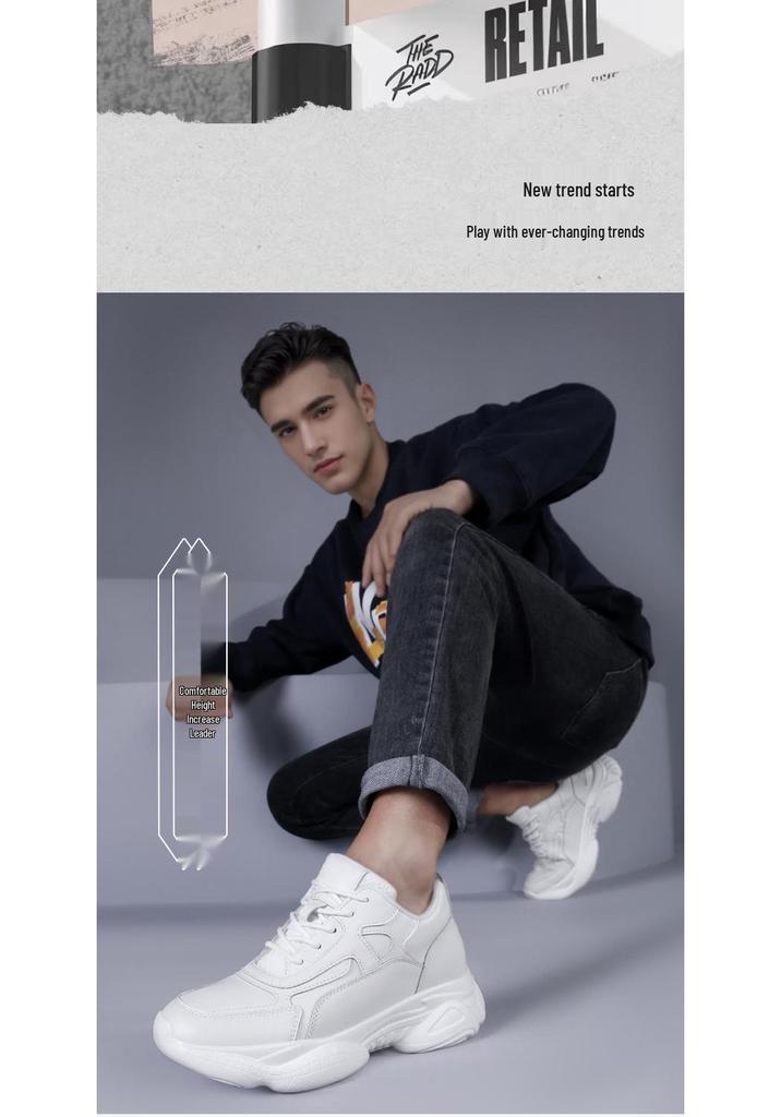Men's 8CM Height-Increasing Thick Sole Casual Dad Sneakers - Trendy, Versatile White Genuine Cowhide Shoes