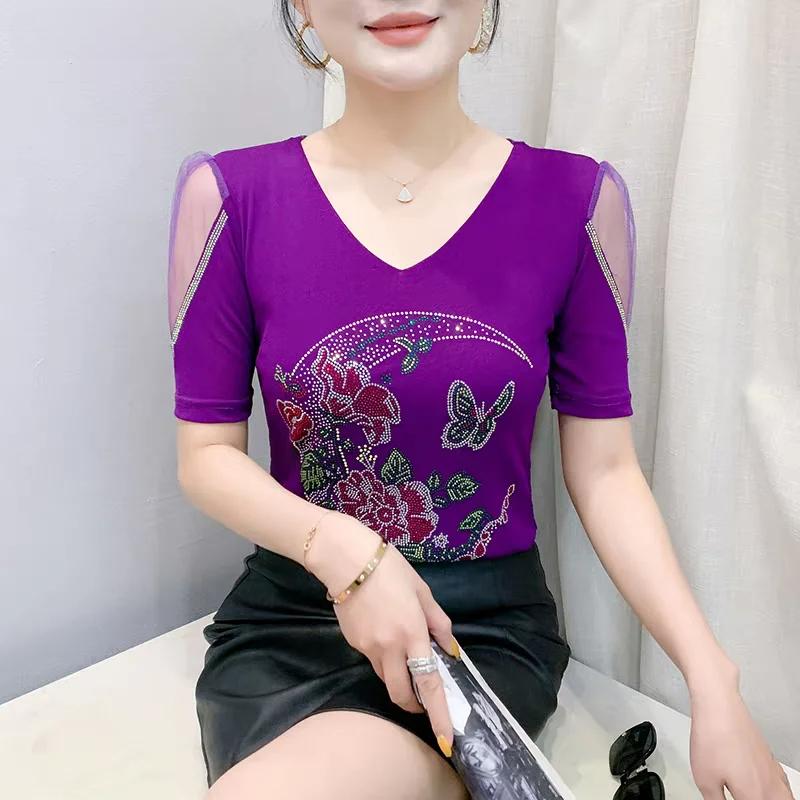 New European V-Neck Women Bling Flower Butterfly T-Shirt Streetwear Hot Diamonds Tees Summer Short Sleeve Slim Tops