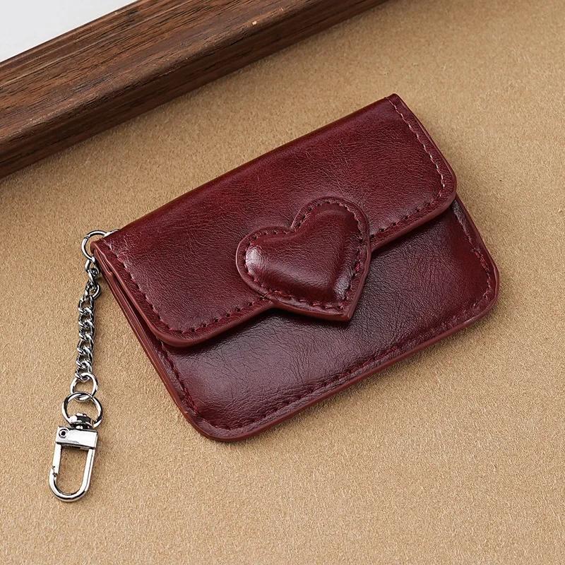 Women Vintage PU Leather Card Holder Cute Heart Shaped Small Wallet Multi-card Key Chain Card Holder Wallet Travel Cash Coin Bag