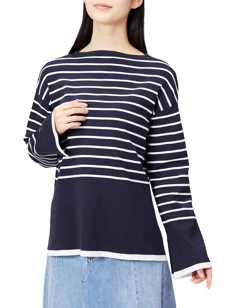 Mira Owen Boat Neck Slit Striped Knit Top 09WNT221067 NVY 1 Women's