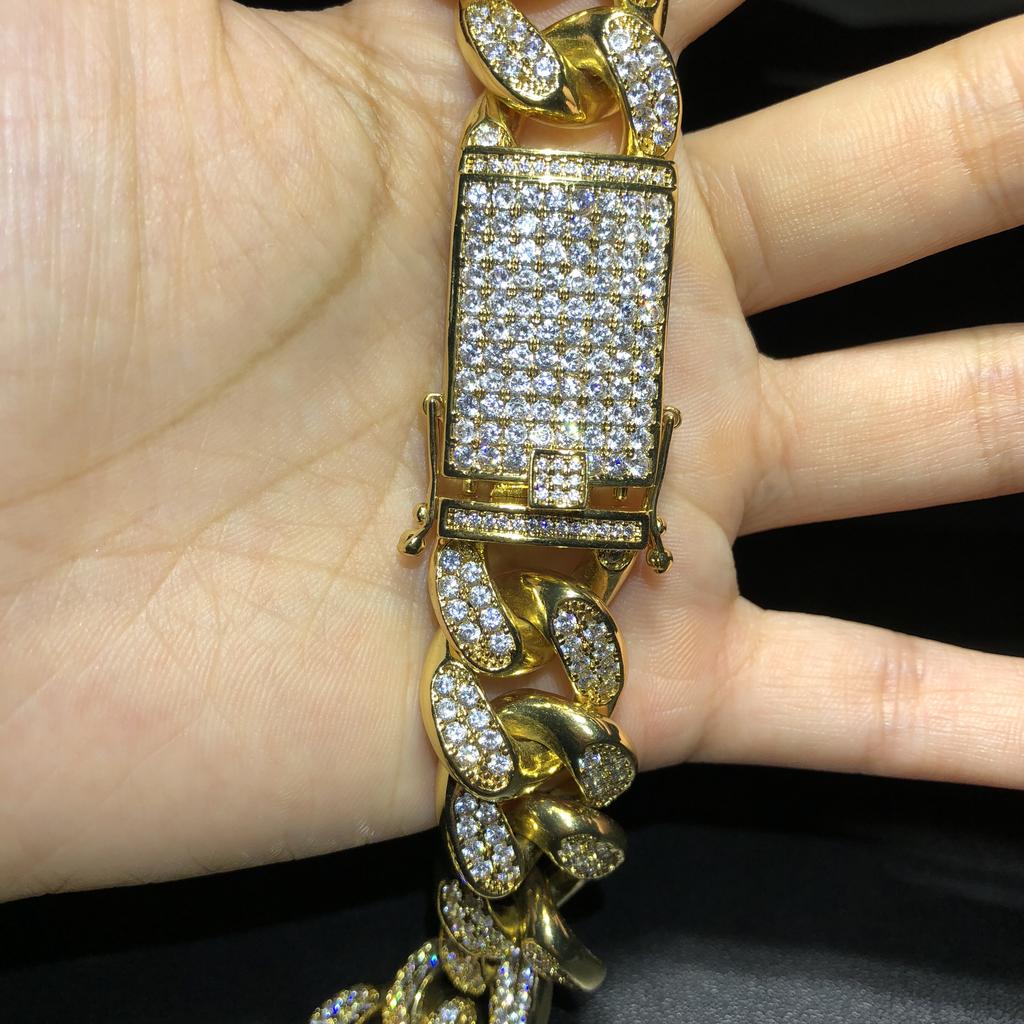 20mm Gold plated brass Micro Full CZ Zircon Iced Out AAA CZ micro pave diamond cuban link chain bracelet