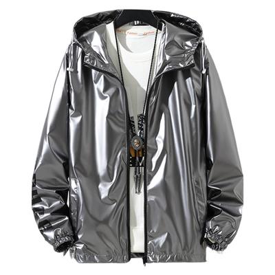 Men Shiny Glossy Coat Hooded Long Sleeve Teenager Coat with Adjustable Drawstrings Cuffed Sleeves Bright Surface Jacket