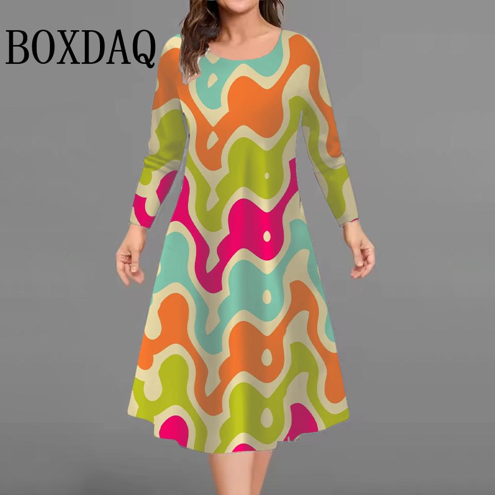 Autumn Winter Dresses Fashion Women Colorful 3D Printed Long Sleeve Dress Casual Pullover Female Plus Size Clothing