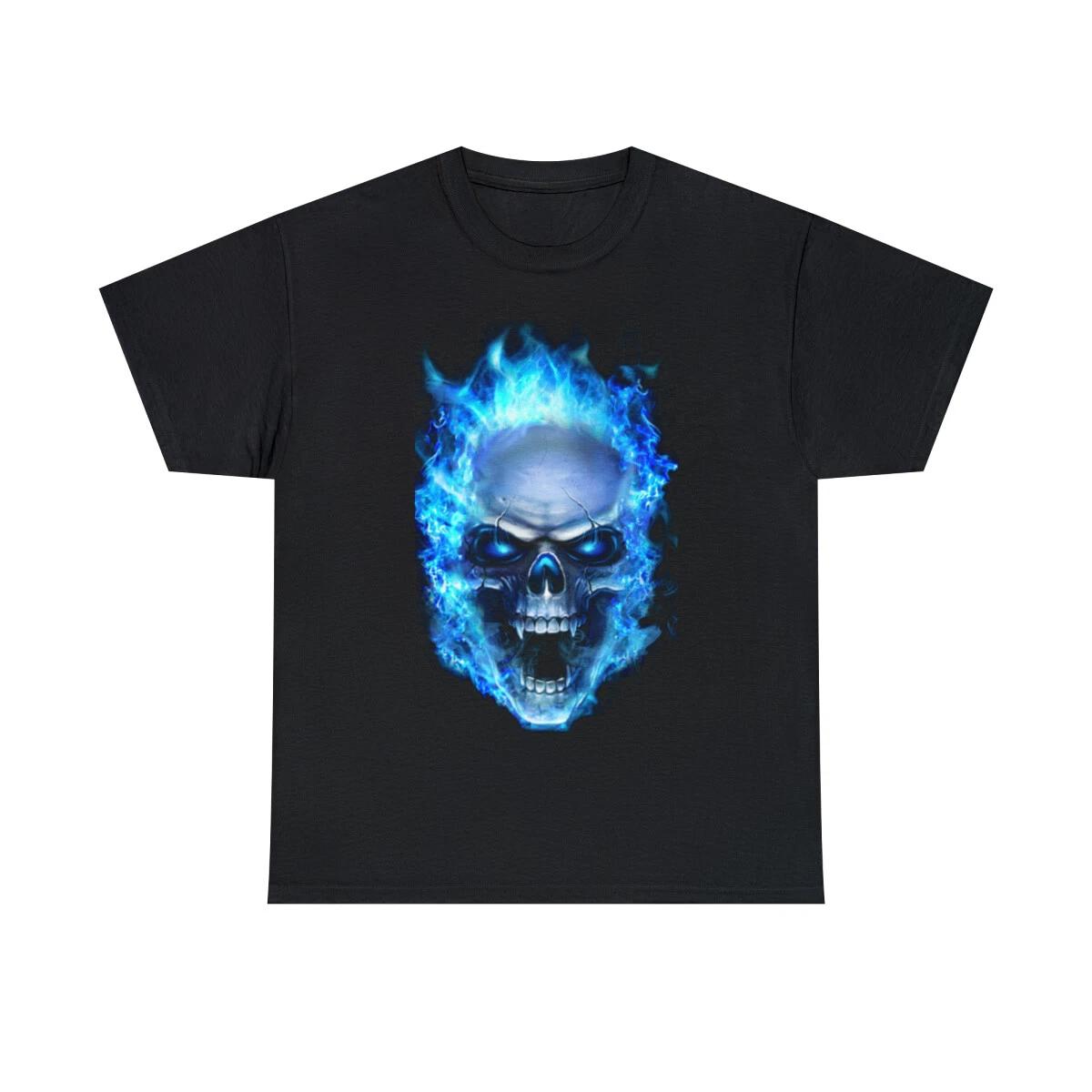 Flaming Demon Skull Blue Short Sleeve Tee S