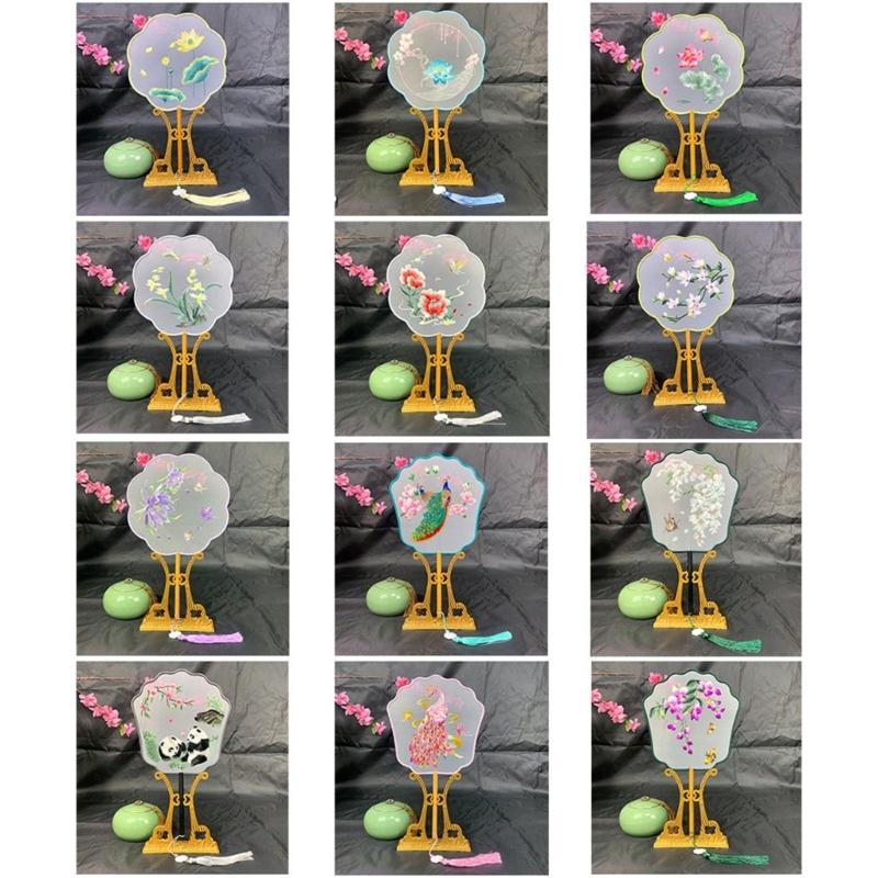 Chinese Styles Ancient Embroidery Fan Decorations Long Handle Tassels Double Side Hand Fan for Womens Girl Performances