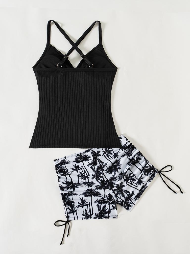 Women's Printed Tankini High Waist Split Boxer Shorts Plus Size Bikini