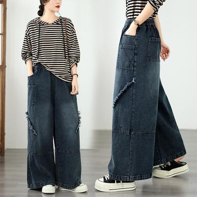 DIMANAF 2026 Toamnă Iarnă Noi Blugi Albaștri Mărimi Mari pentru Femei Pantaloni Lungi Talie Elastică Largi Casual Denim Bumbac Pantaloni Groși Vintage Doamnă