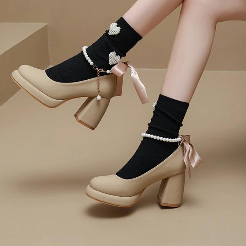 High Quality Mary Janes Shoes for Womens Pearl Necklace Pumps Round Toe Shallow Mouth Beaded Bow Thick High Heels Office Shoes
