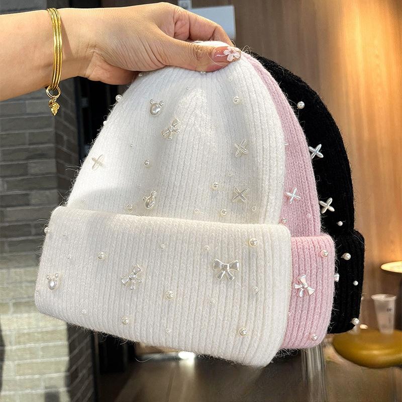 New Luxury Rhinestone Beads Knitted Hat Korean Women Rabbit Fur Wool Skullies Cap Winter Fashion Thickened Warm Bonnet Beaanies