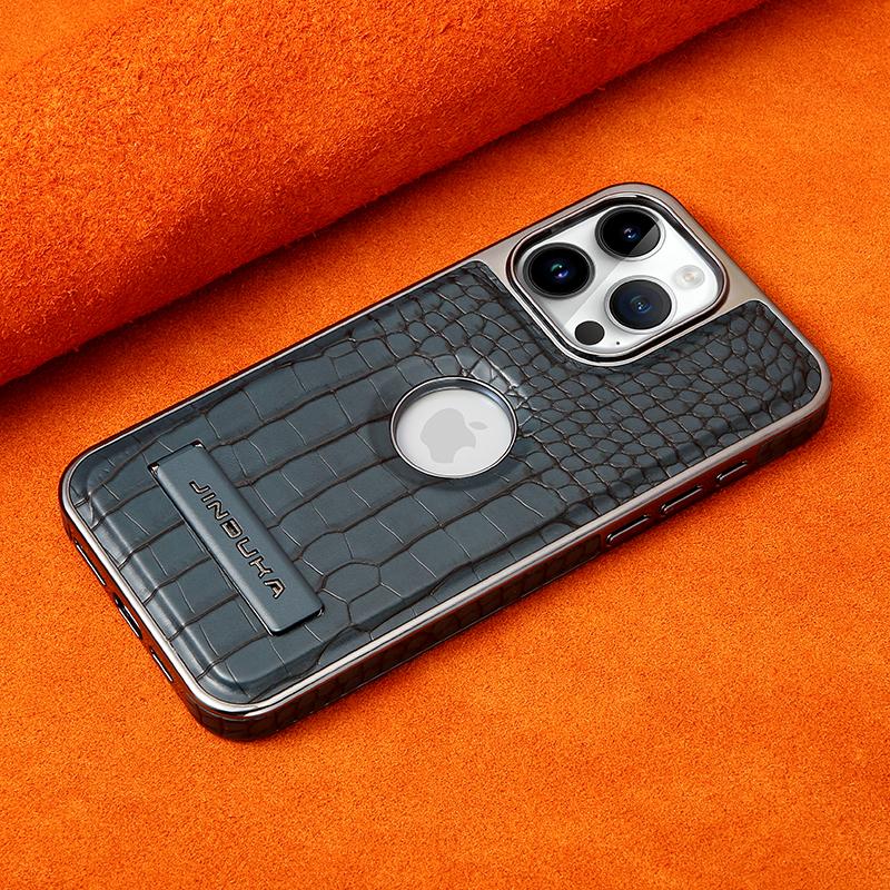 Case For iPhone 16 15 14 13 12 11 Air Pro Max 16e Crocodile Pattern Leather Magsafe Wireless Charging Metal Kickstand Cover