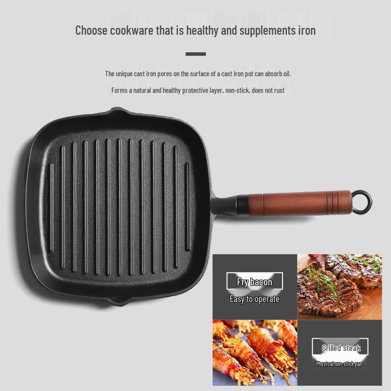 Thick Wooden Handle Cast Iron Non-Stick Striped Frying Pan for Steak & Crepes